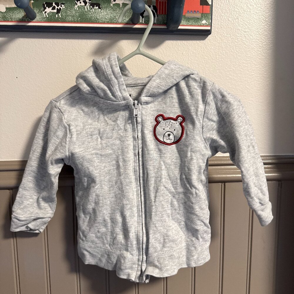 Canadiana Zip-Up Hoodie | 6-9m | Grey Zip Sweater with Bear Ears
